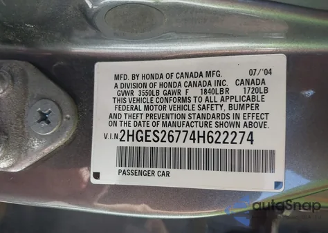 2004 Honda Civic Ex from USA, damaged, VIN 2HGES26774H622274